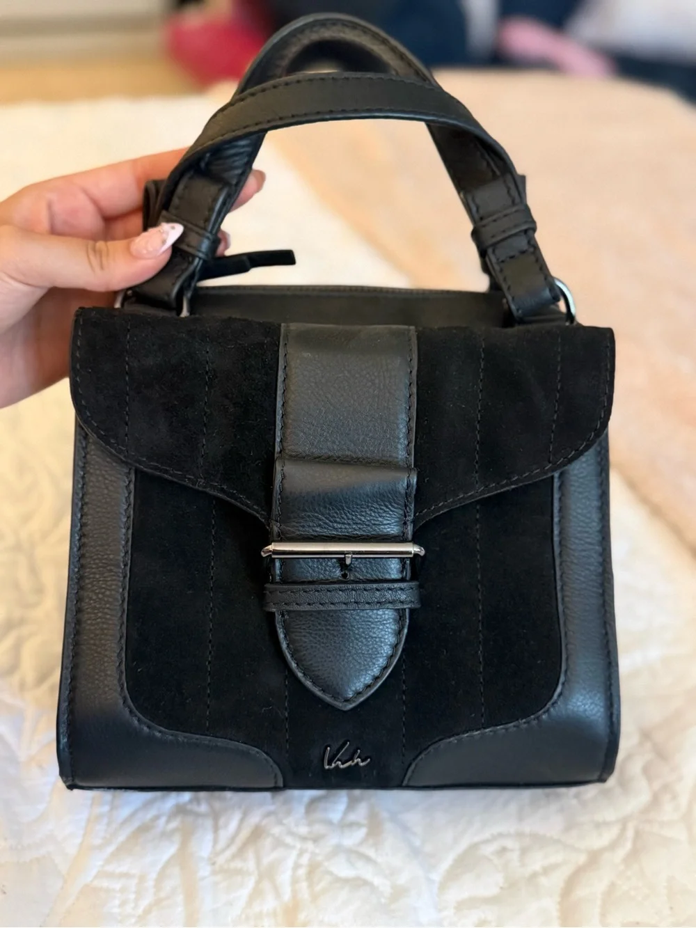 Black Suede Genuine Leather Bag with Black Rhodium Chain